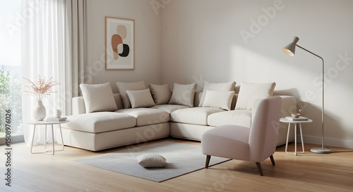 A room with a corner sofa chair rug and lamp is brightly lit by natural light