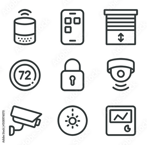 Smart Home Icon Set. Outline icon set of smart home features: voice assistant speaker, app control panel, automated blinds,