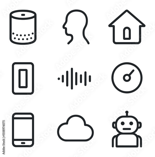 Smart Home Icon Set. Outline icon set of smart home AI-human interaction: smart speaker, human silhouette, house outline, voice