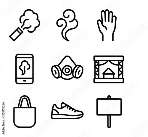 Smoke Bomb Festival Icons. Outline icon set of colorful smoke bomb fest: smoke bomb, swirling plume, crowd arm, camera phone,