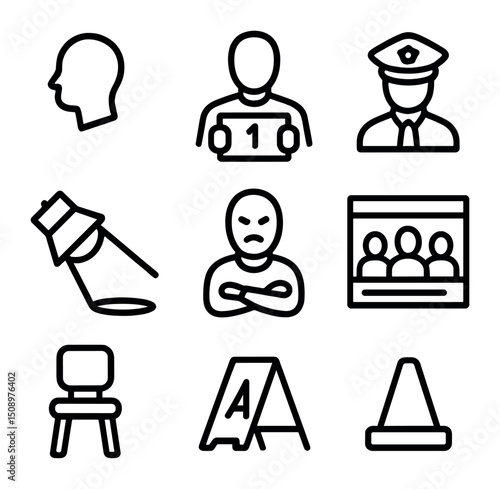 Suspect Lineup Icons. Outline icon set of suspect lineup: profile silhouettes, numbered placard, police officer, spotlight beam,
