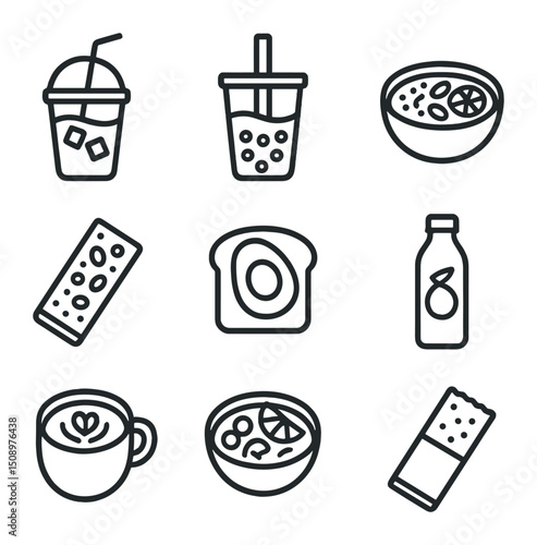 Snack and Beverage Icons. Outline icon set of snacks and beverages: iced coffee cup, boba tea, smoothie bowl, granola bar, avocado