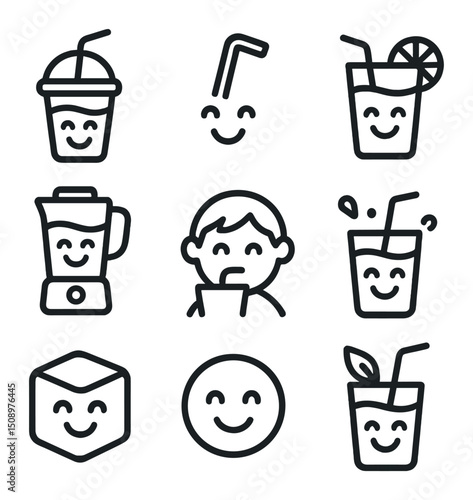 Smoothie Icon Collection. Outline icon set of smoothie sip smiles: smoothie cup, straw bend, fruit garnish, blender jar, kid sip,