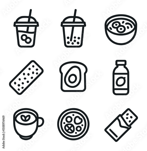 Snack and Beverage Icons. Outline icon set of snacks and beverages: iced coffee cup, boba tea, smoothie bowl, granola bar, avocado