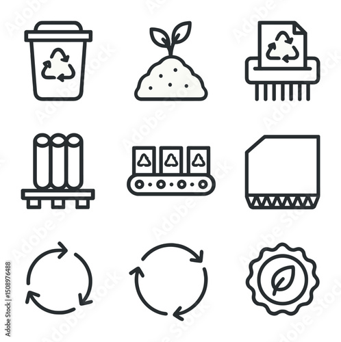 Sustainable Disposal Icons. Outline icon set of sustainable disposal and recycling: recycle bin, compost pile, shredding machine,