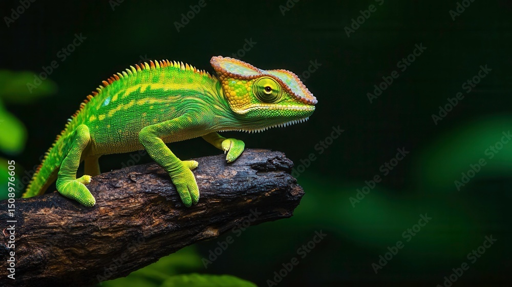 Fototapeta premium Vibrant Green Chameleon Poised on Branch in Lush Natural Habitat Environment