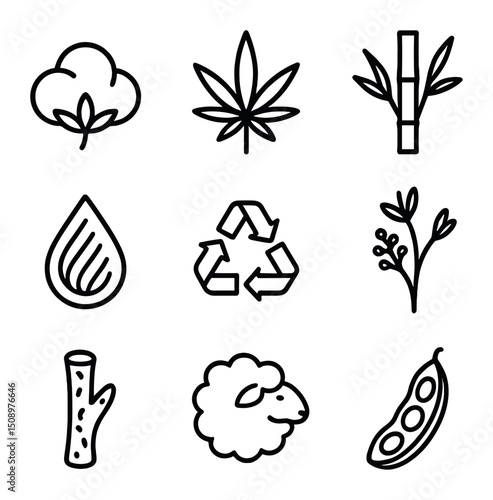 Sustainable Material Icons. Outline icon set of sustainable materials sourcing: organic cotton boll, hemp leaf, bamboo stalk,