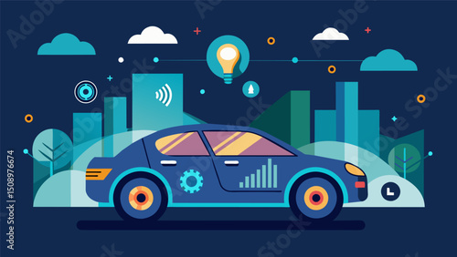 A futuristic concept car boasts advanced artificial intelligence and predictive analytics using data to anticipate and adapt to varying road conditions for a smooth and safe ride.. Vector illustration