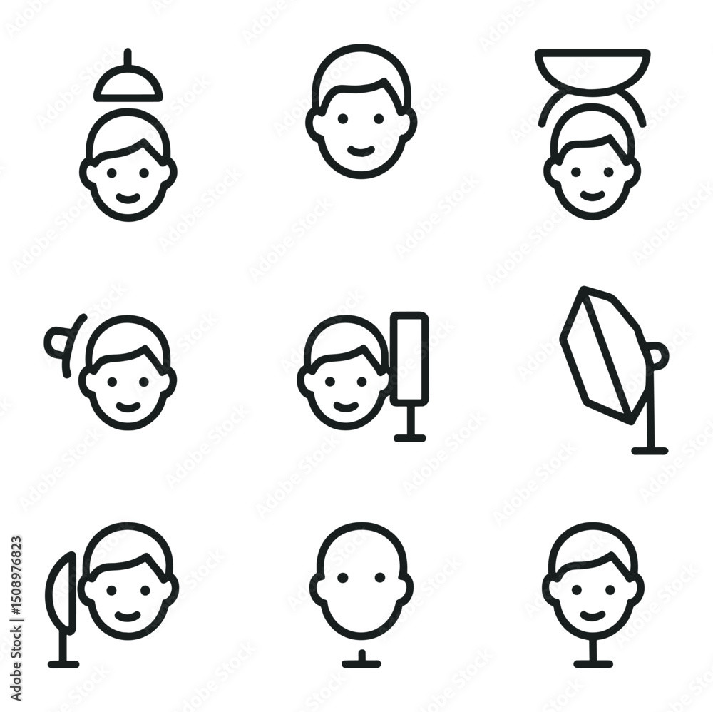 Soft Light Icon Set. Outline icon set of portrait soft lighting: butterfly light, loop light, clamshell setup, beauty dish, hair Soft Light Icon Set. Outline icon set of portrait soft lighting: butterfly light, loop light, clamshell setup, beauty dish, hair