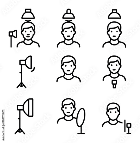 Soft Light Icon Set. Outline icon set of portrait soft lighting: butterfly light, loop light, clamshell setup, beauty dish, hair