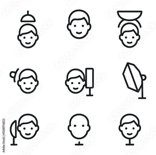 Soft Light Icon Set. Outline icon set of portrait soft lighting: butterfly light, loop light, clamshell setup, beauty dish, hair
