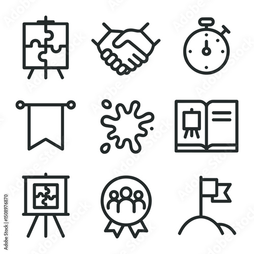Team-Building Icon Set. Outline icon set of team-building paint challenge: puzzle canvas, handshake icon, timer clock,