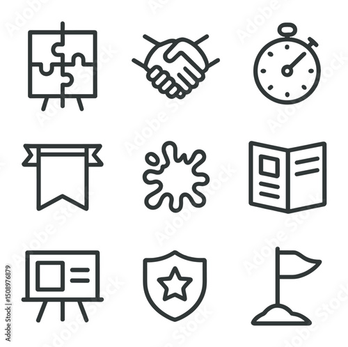 Team-Building Icon Set. Outline icon set of team-building paint challenge: puzzle canvas, handshake icon, timer clock,