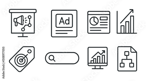 Digital marketing and analytics icons for modern business strategies