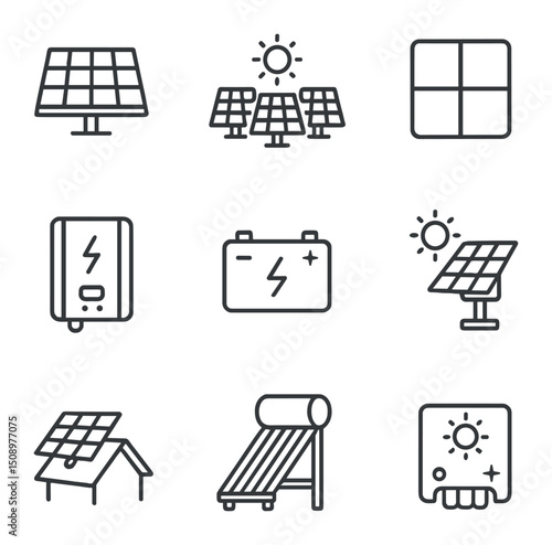Solar Energy Icons. Outline icon set of solar energy devices: solar panel, solar farm, photovoltaic cell, power inverter, solar