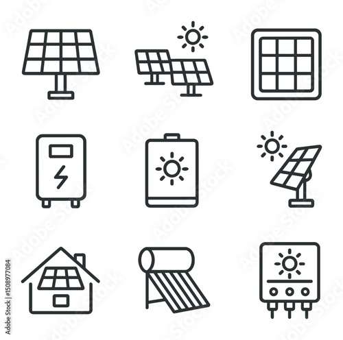 Solar Energy Icons. Outline icon set of solar energy devices: solar panel, solar farm, photovoltaic cell, power inverter, solar