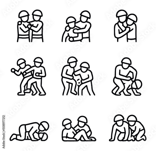 Soldier Grappling Techniques Icons. Outline icon set of soldier grappling techniques: clinch hold, armbar lock, rear naked choke,