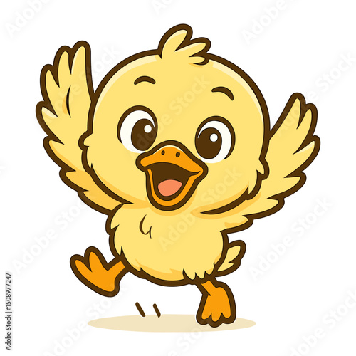 Cheerful yellow chick happily jumping with open beak wings