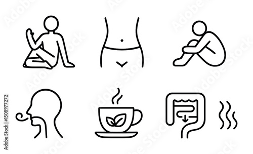 Wellness icons illustrating meditation, digestion, and relaxation concepts for health awareness