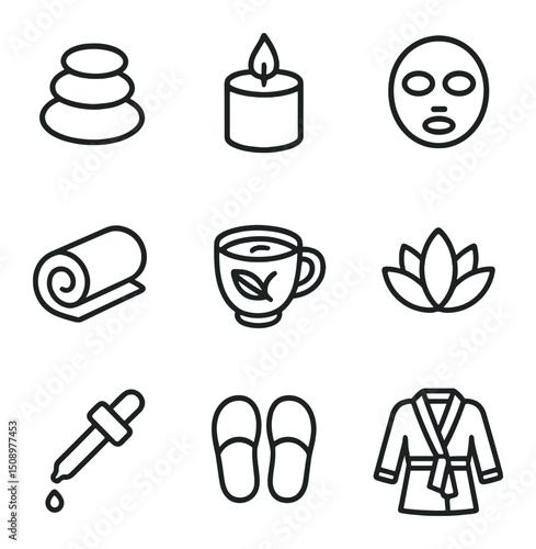 Spa Icon Set. Outline icon set of spa pampering: massage stones, scented candle, face mask, towel roll, herbal tea cup, lotus