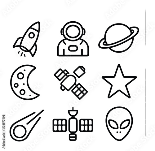 Space Exploration Icons. Outline icon set of space exploration coloring worksheet: rocket, astronaut, planet, moon, satellite,