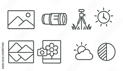 Photography icons set featuring camera, tripod, and nature elements for creative use