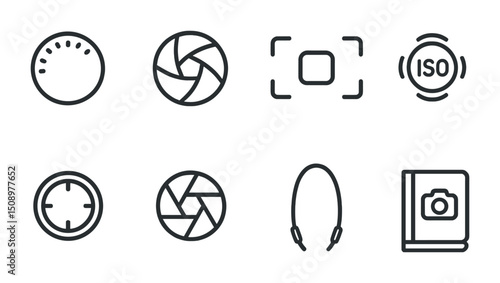 Photography icons set featuring camera settings and equipment symbols