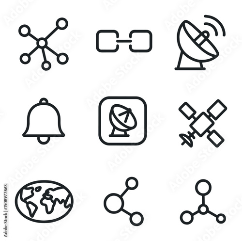 Space Network Icon Set. Outline icon set of space situational awareness networks: constellation diagram, data link, radar station,