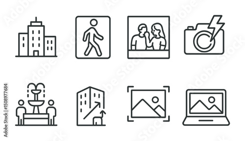 Urban icons featuring architecture, photography, and digital elements
