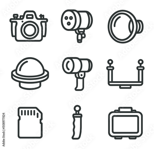 Underwater Photography Icons. Outline icon set of underwater photography: DSLR housing, strobe light, wide-angle lens, dome port,