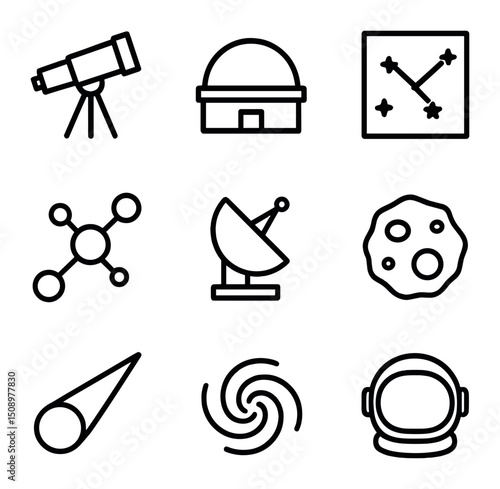 Space Icon Set. Outline icon set of astronomy and space demos: telescope, planetarium dome, star chart, model solar system,