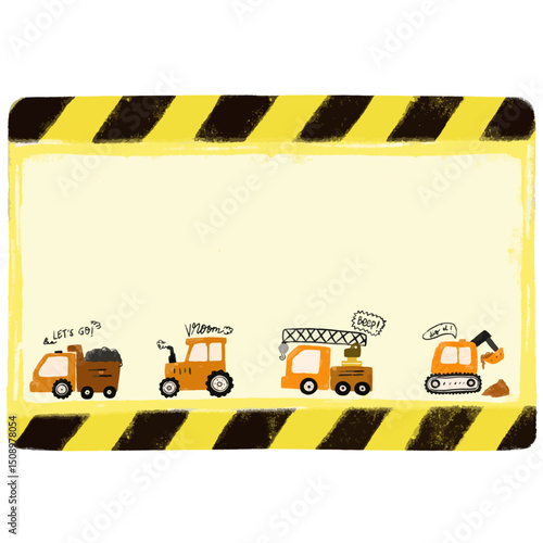 cute yellow black blank empty construction site excavator crane tractor dump truck vehicle design for Name Label sticker school memo note book pastel crayon doodle watercolor illustration sticker