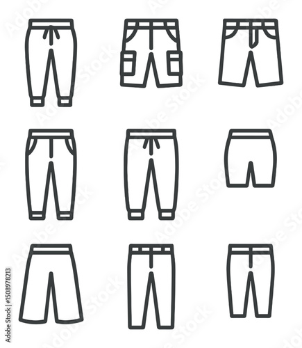 Sporty Bottoms Icons. Outline icon set of sporty casual bottoms: jogger pants, cargo shorts, denim shorts, track pants, sweatpants