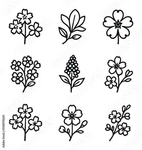 Spring Blossom Icons. Outline icon set of spring blossom trees: cherry blossom, magnolia bloom, dogwood flower, crabapple cluster,