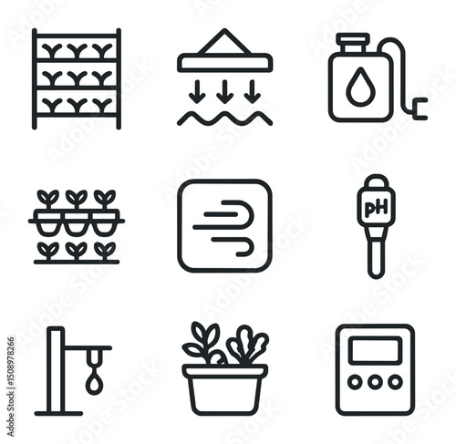 Vertical Farm Icon Set. Outline icon set of vertical farm modules: hydroponic rack, LED grow light, nutrient reservoir, seedling