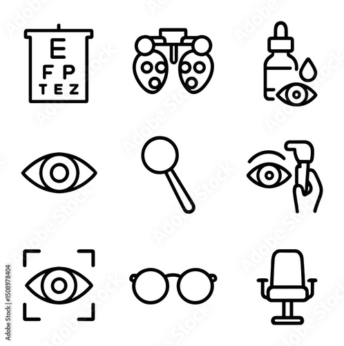 Vision Test Icons. Outline icon set of vision and eye exam: eye chart, phoropter, pupil dilation drops, eye lens, handheld