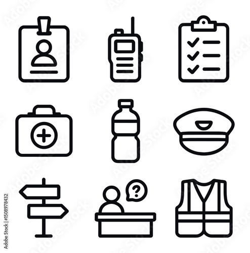 Volunteer Icons Set. Outline icon set of volunteer coordination: volunteer badge, walkie-talkie, clipboard, first aid kit, water
