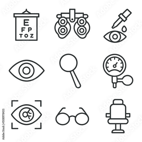 Vision Test Icons. Outline icon set of vision and eye exam: eye chart, phoropter, pupil dilation drops, eye lens, handheld