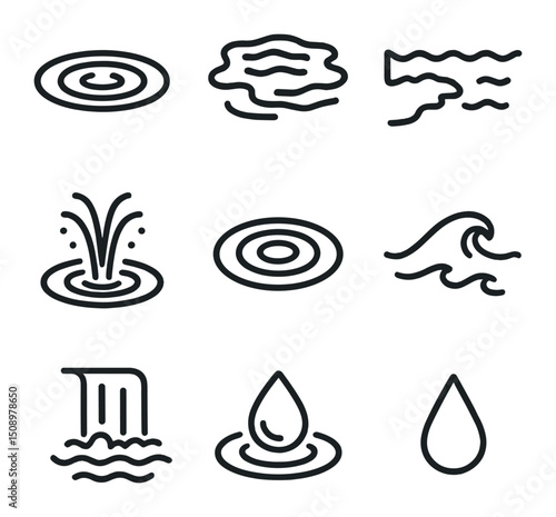 Water Surface Icons. Outline icon set of water surface rainbow reflections: rippling water, pond surface, lake shoreline, fountain