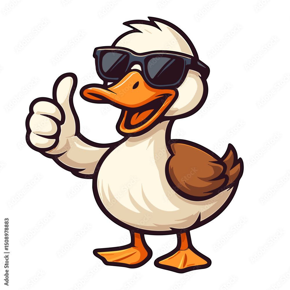 Naklejka premium Cartoon duck gives a thumbs up wearing cool sunglasses