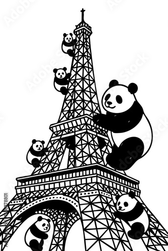 Pandas Climbing Eiffel Doodle Art