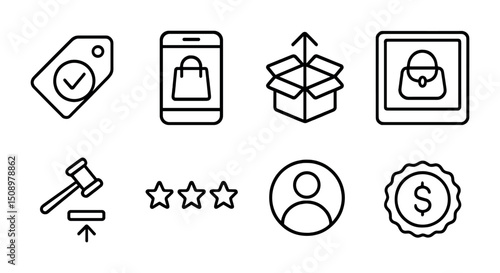 E-commerce icons set featuring shopping tags and mobile purchases
