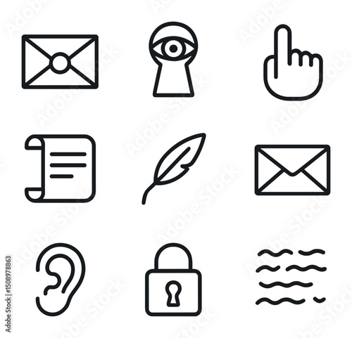 Whispered Secrets Icons. Outline icon set of whispered secrets: sealed letter, keyhole peek, hush finger, parchment scroll, quill