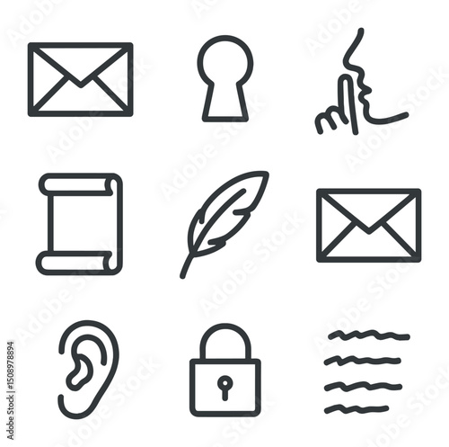 Whispered Secrets Icons. Outline icon set of whispered secrets: sealed letter, keyhole peek, hush finger, parchment scroll, quill