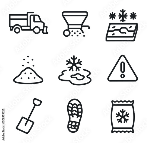 Winter Salt Icon Set. Outline icon set of salt in snow & ice: snowplow truck, road salt spreader, icy pavement, salt granule pile,