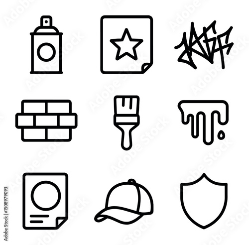 Street Art Icons. Outline icon set of street art graffiti elements: spray paint can, stencil template, graffiti tag, brick wall,