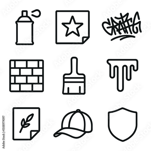 Street Art Icons. Outline icon set of street art graffiti elements: spray paint can, stencil template, graffiti tag, brick wall,