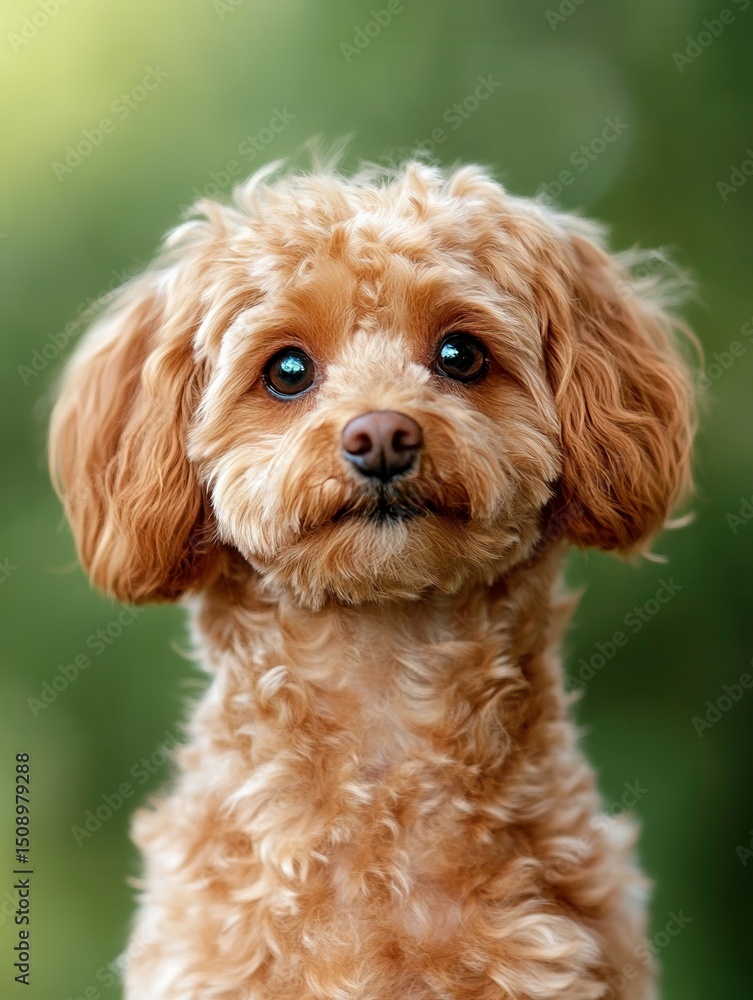 Cute fluffy dog with bright eyes and curly fur posing against a blurred green background Cute fluffy dog with bright eyes and curly fur posing against a blurred green background