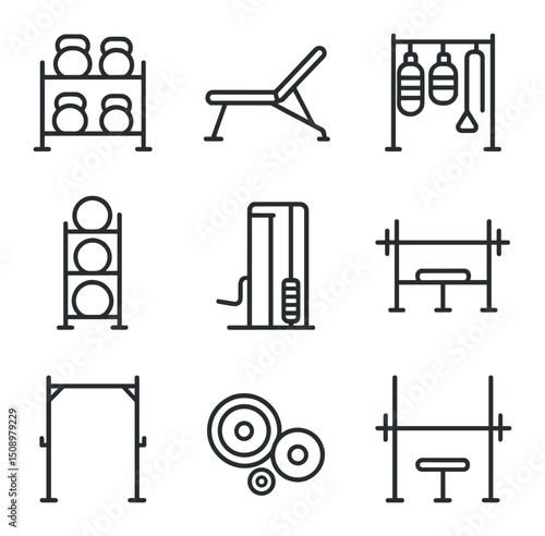Strength Training Icons. Outline icon set of strength training equipment: kettlebell rack, dumbbell bench, sandbag station,