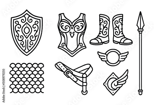 Medieval fantasy armor and weapon set for design and craft inspiration